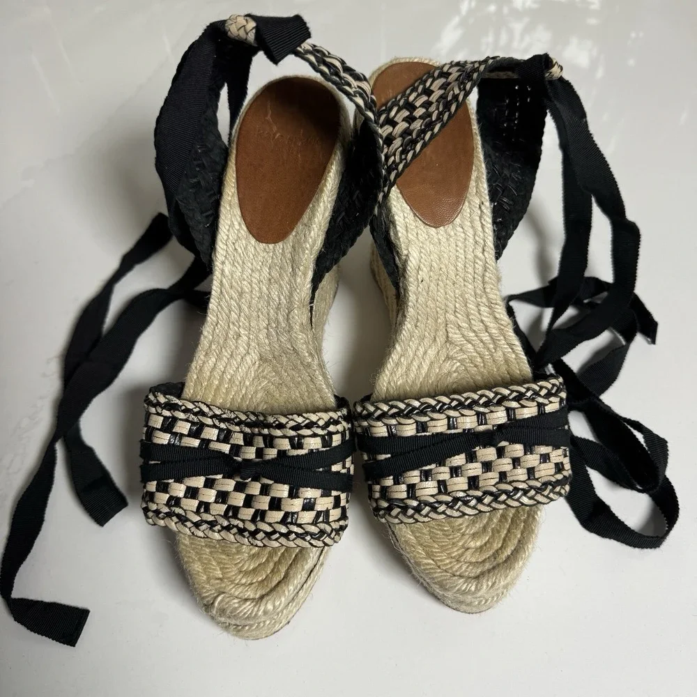 Kate Spade Taley Wedge Sandals Womens‎ 9 Black Cream Woven Espadrille Ankle Tie